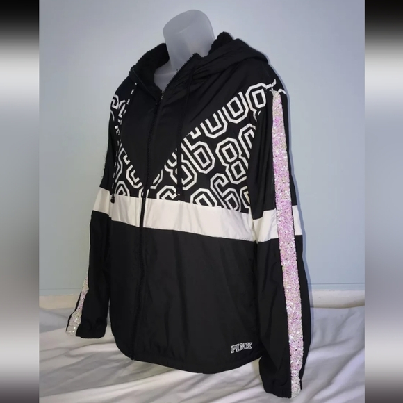 M/L Pink Victoria's Secret Windbreaker Black & White Anorak Jacket Coat - Picture 9 of 12